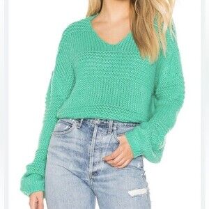Tularosa Sweater M Medium Green crochet Knit Pullover Puff Sleeve Women’s